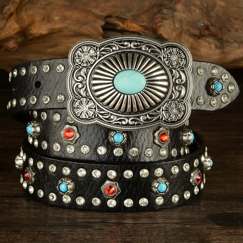 Gothic Red & Blue Gem Rivets Retro Black Leather Belt