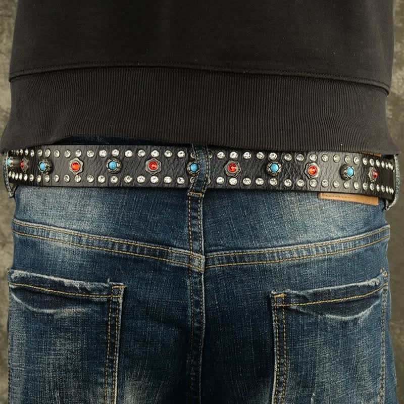 Gothic Red & Blue Gem Rivets Retro Black Leather Belt