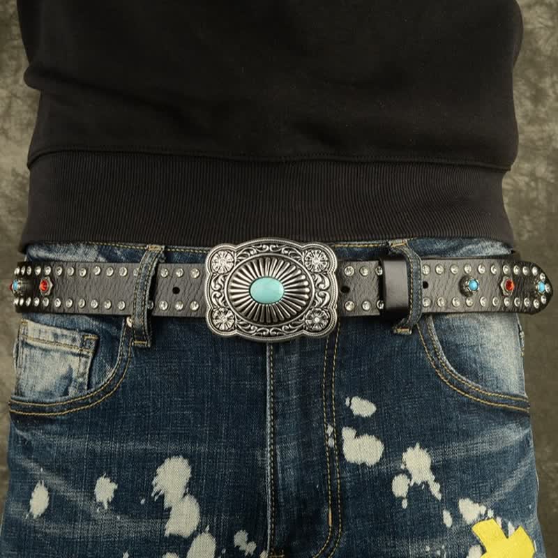 Gothic Red & Blue Gem Rivets Retro Black Leather Belt