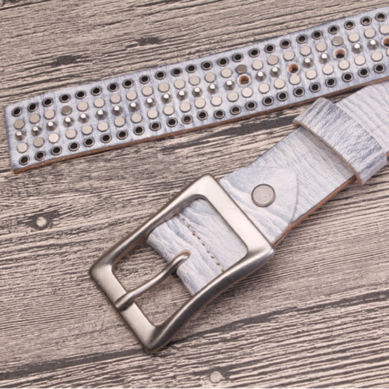 Rock Five Row Silver Studded Rivets Leather Belt