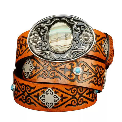 Ethnic Look Orange Embossed Pattern Leather Belt