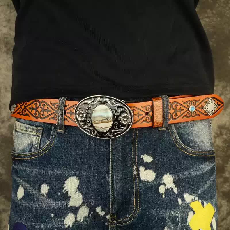 Ethnic Look Orange Embossed Pattern Leather Belt