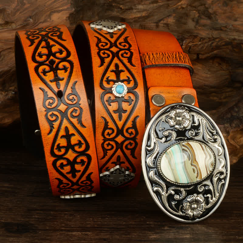 Ethnic Look Orange Embossed Pattern Leather Belt