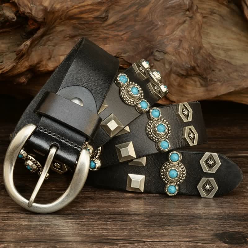 Stylish Turquoise Studded Geometric Rivets Leather Belt