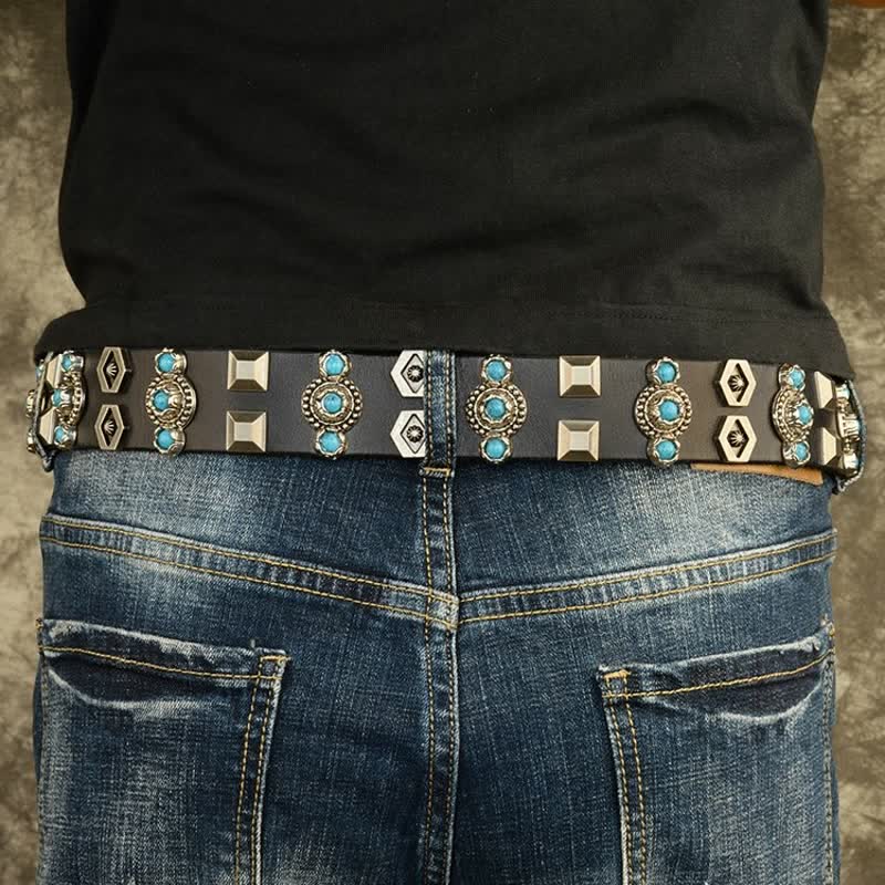 Stylish Turquoise Studded Geometric Rivets Leather Belt