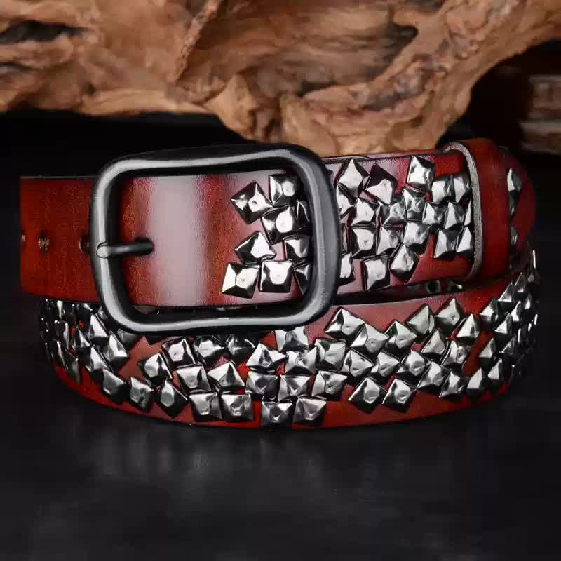 Irregular Arrangement Bright Pyramid Rivets Leather Belt