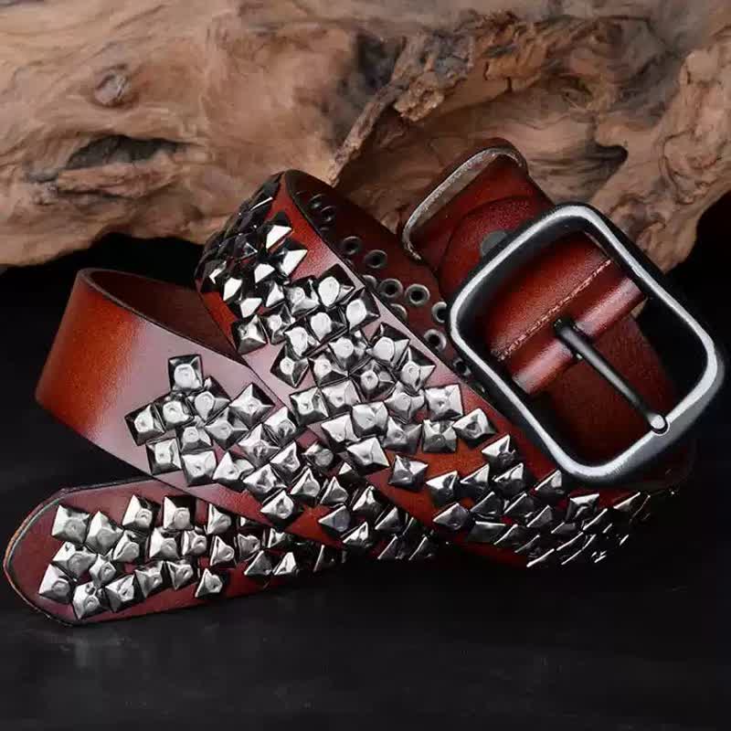 Irregular Arrangement Bright Pyramid Rivets Leather Belt