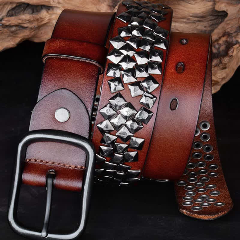 Irregular Arrangement Bright Pyramid Rivets Leather Belt