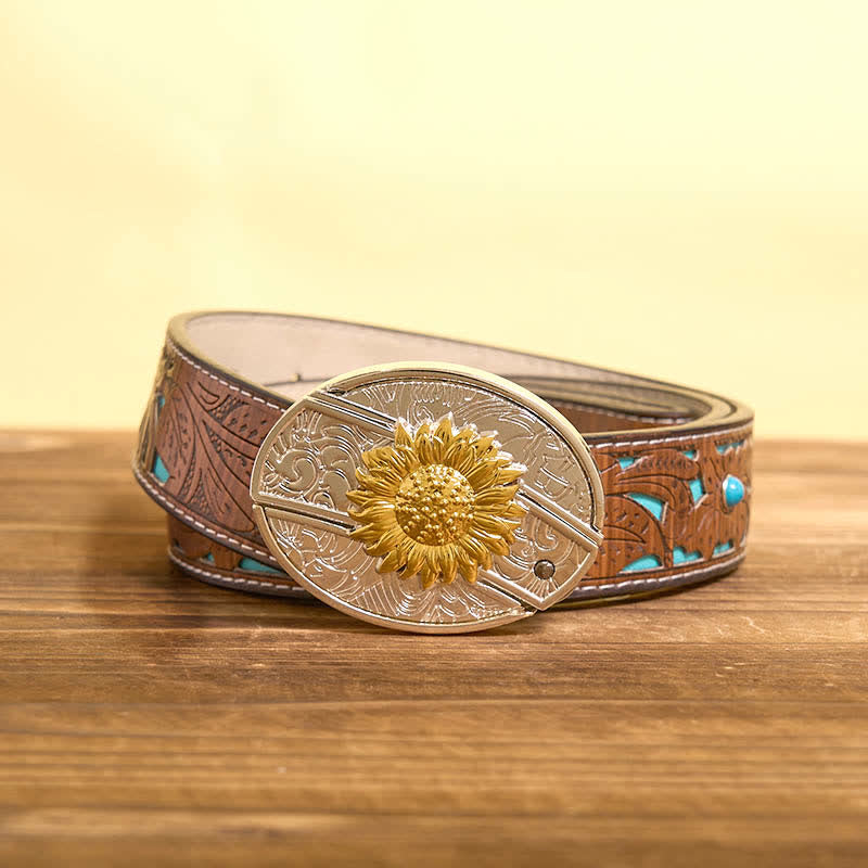 Men's DIY Gold & Silver Sunflower Hidden Folding Knife Leather Belt