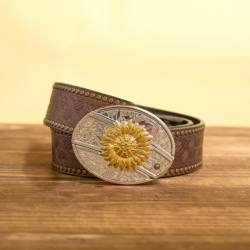 Men's DIY Gold & Silver Sunflower Hidden Folding Knife Leather Belt