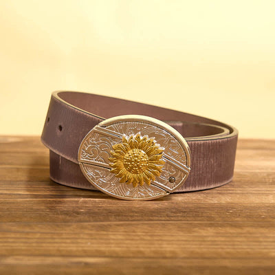 Men's DIY Gold & Silver Sunflower Hidden Folding Knife Leather Belt