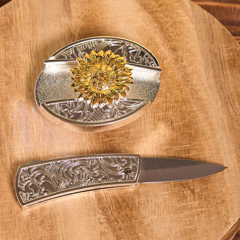 Men's DIY Gold & Silver Sunflower Hidden Folding Knife Leather Belt