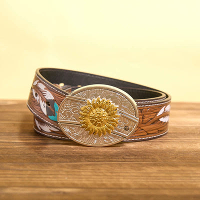 Men's DIY Gold & Silver Sunflower Hidden Folding Knife Leather Belt