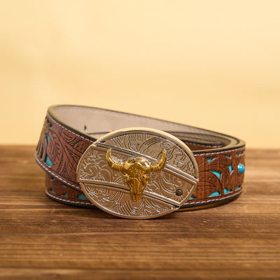 Men's DIY Gold & Silver Bull Hidden Folding Knife Leather Belt