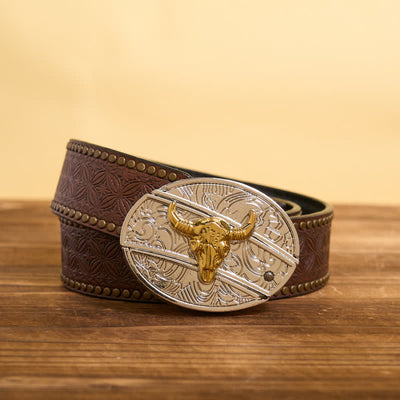 Men's DIY Gold & Silver Bull Hidden Folding Knife Leather Belt