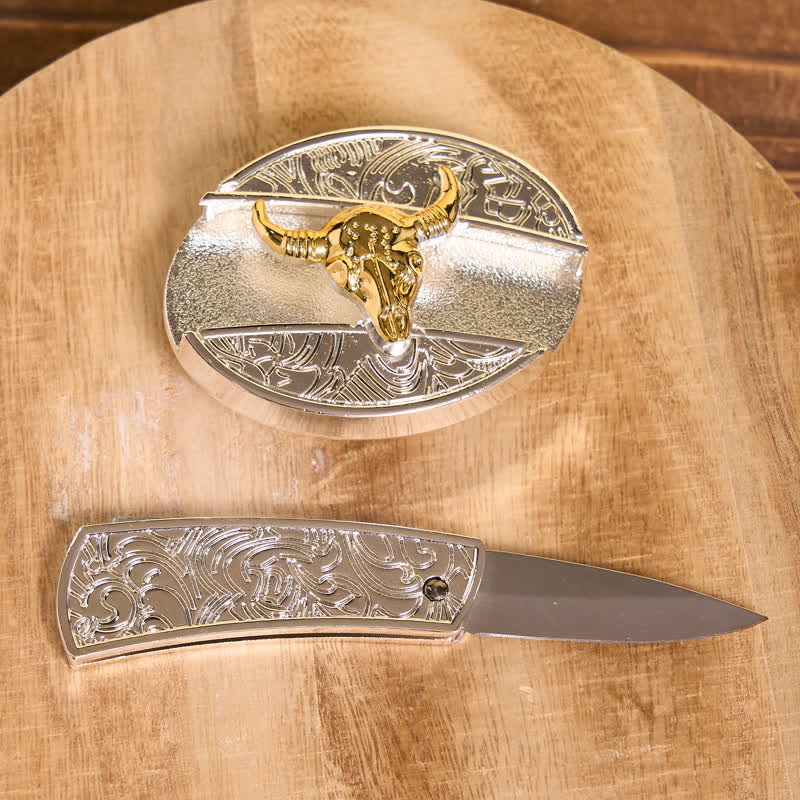 Men's DIY Gold & Silver Bull Hidden Folding Knife Leather Belt