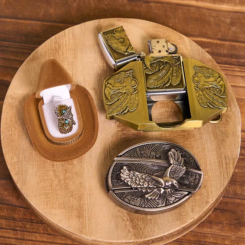 Eagle Theme DIY Hidden Knife Belt Buckle Lighter Ring Bundle Set