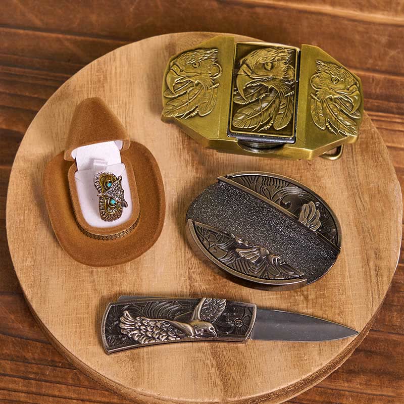 Eagle Theme DIY Hidden Knife Belt Buckle Lighter Ring Bundle Set