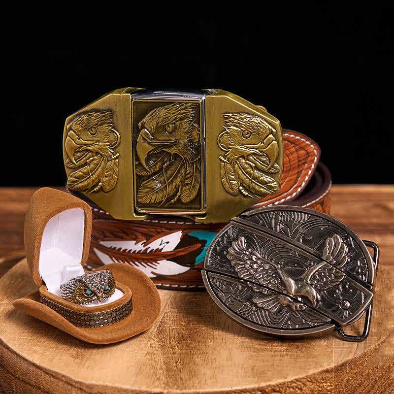 Eagle Theme DIY Hidden Knife Belt Buckle Lighter Ring Bundle Set