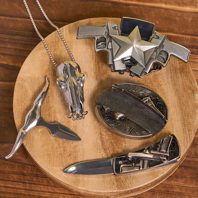 DIY Guns Hidden Knife Belt Buckle Bull Ring Pendant Kerosene Lighter Bundle Set