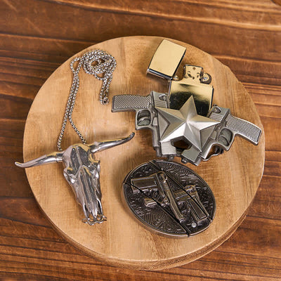 DIY Dual Guns Hidden Knife Belt Buckle Bull Pendant Kerosene Lighter Bundle Set