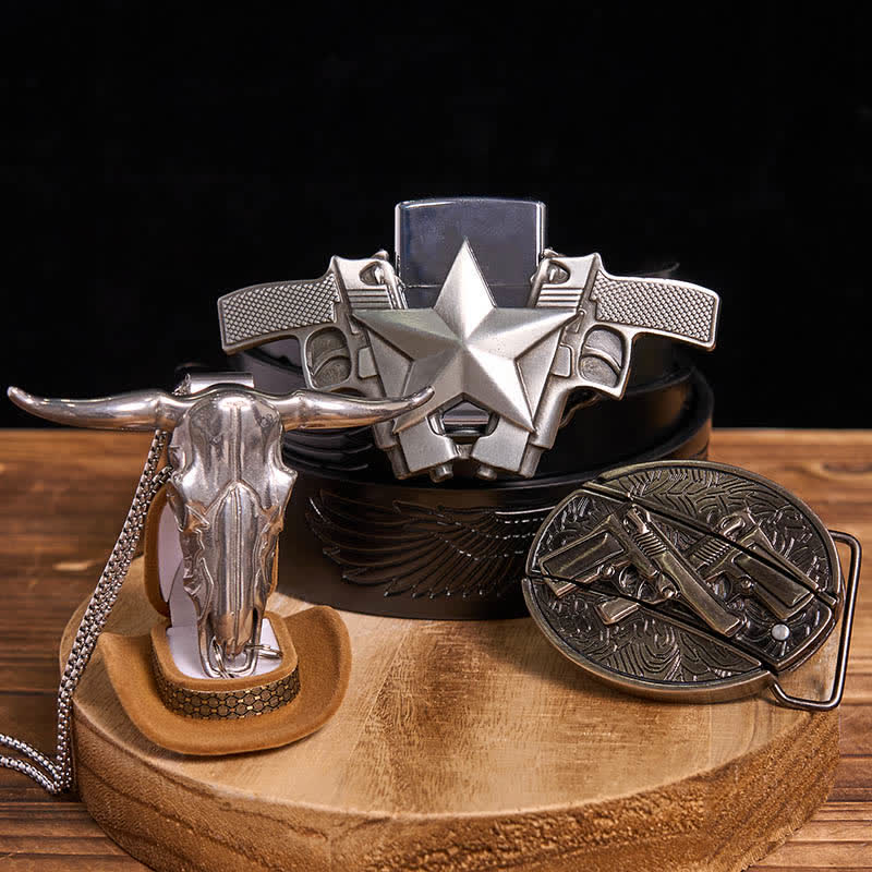 DIY Dual Guns Hidden Knife Belt Buckle Bull Pendant Kerosene Lighter Bundle Set