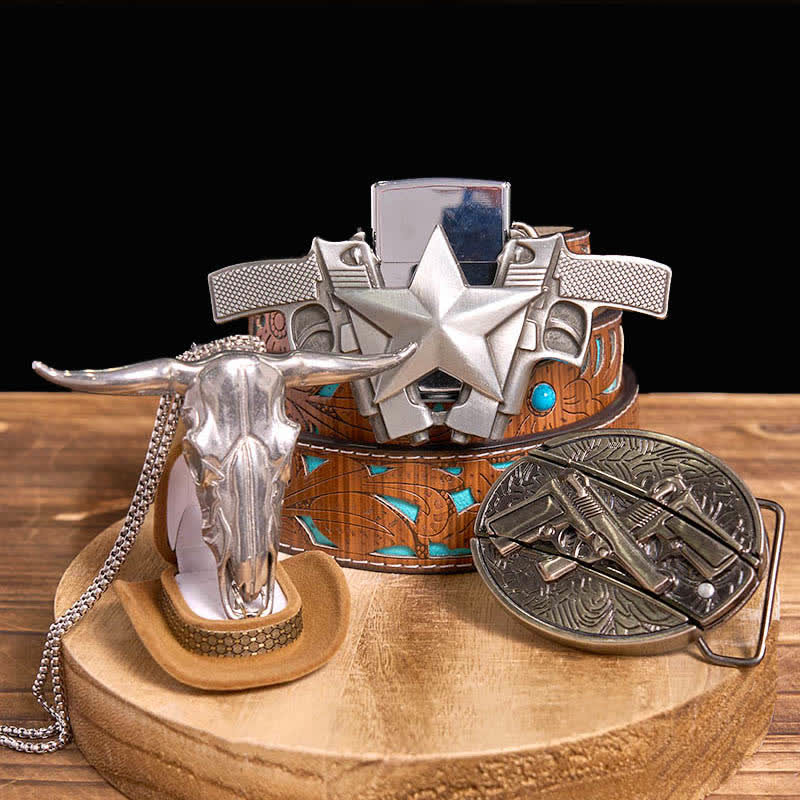 DIY Dual Guns Hidden Knife Belt Buckle Bull Pendant Kerosene Lighter Bundle Set