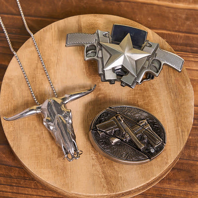 DIY Dual Guns Hidden Knife Belt Buckle Bull Pendant Kerosene Lighter Bundle Set