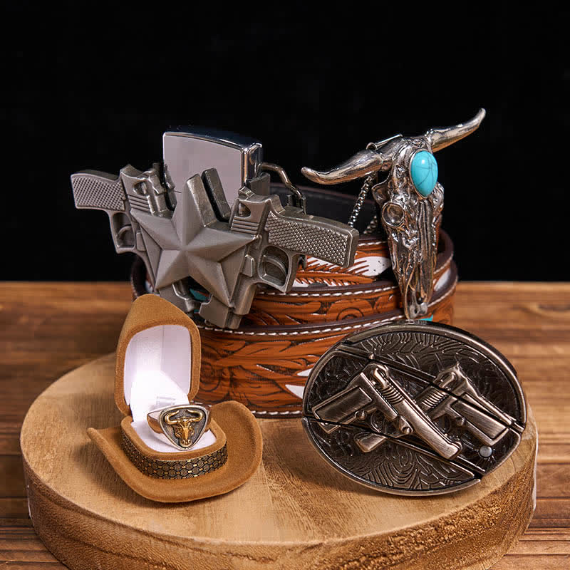 Turquoise Bull Pendant DIY Gun Hidden Knife Belt Buckle Ring Lighter Bundle Set