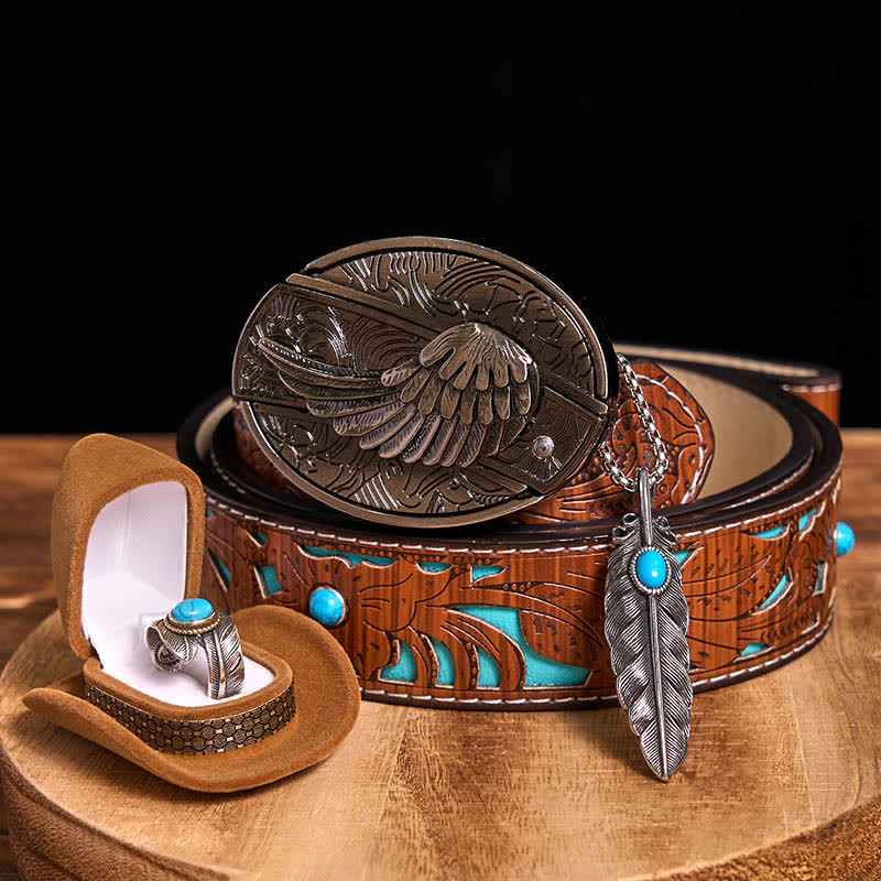 Angle Wing DIY Hidden Knife Belt Buckle Turquoise Feather Necklace Ring Bundle Set (Pre-Sale)