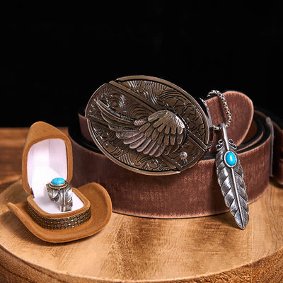 Angle Wing DIY Hidden Knife Belt Buckle Turquoise Feather Necklace Ring Bundle Set (Pre-Sale)