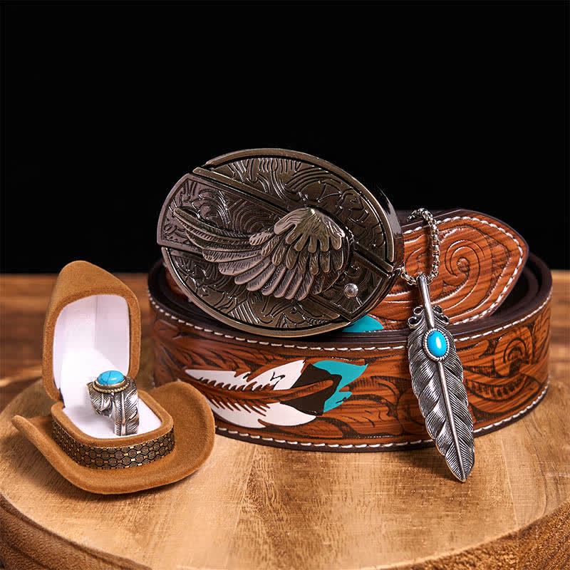 Angle Wing DIY Hidden Knife Belt Buckle Turquoise Feather Necklace Ring Bundle Set (Pre-Sale)