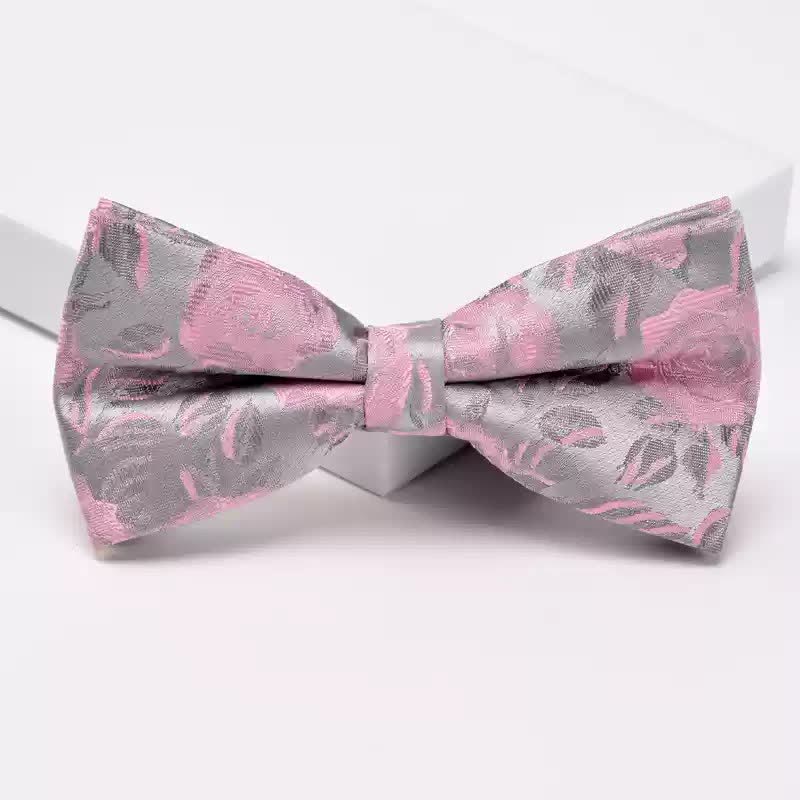 Men's Gray & Pink Rose Floral Pattern Bow Tie Necktie