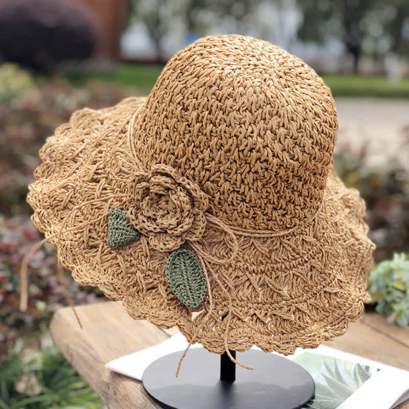 Elegant Flower Detailed Summer Crochet Foldable Straw Hat