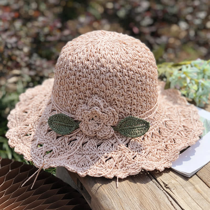 Elegant Flower Detailed Summer Crochet Foldable Straw Hat