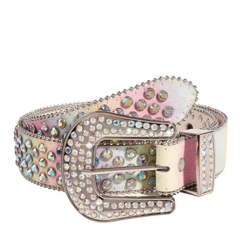 Women's Colorful Rainbow Rhinestone Leather Belt