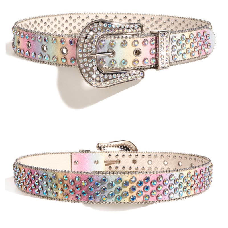 Women's Colorful Rainbow Rhinestone Leather Belt