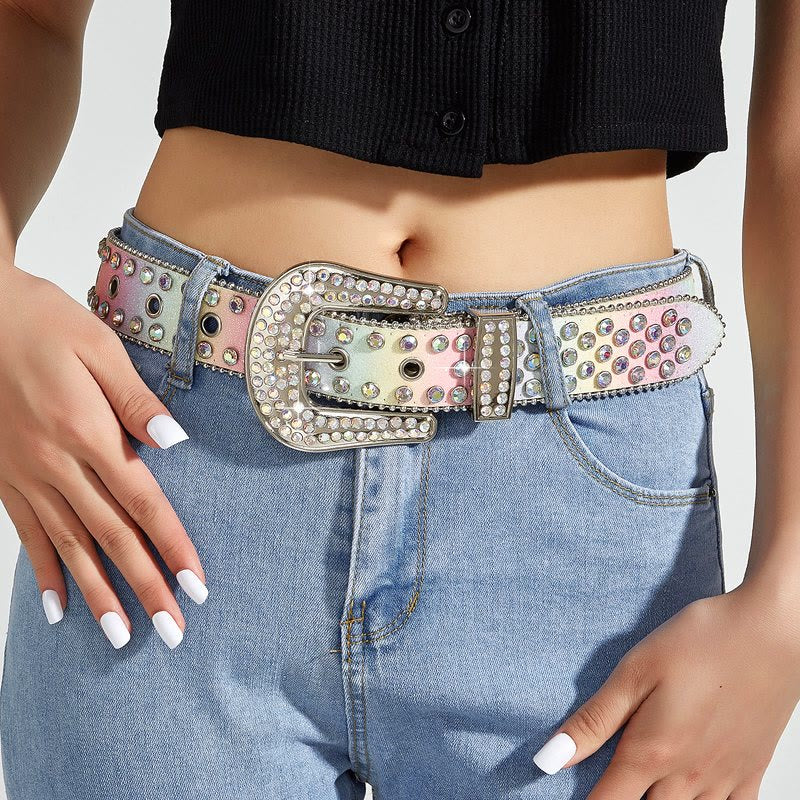 Women's Colorful Rainbow Rhinestone Leather Belt