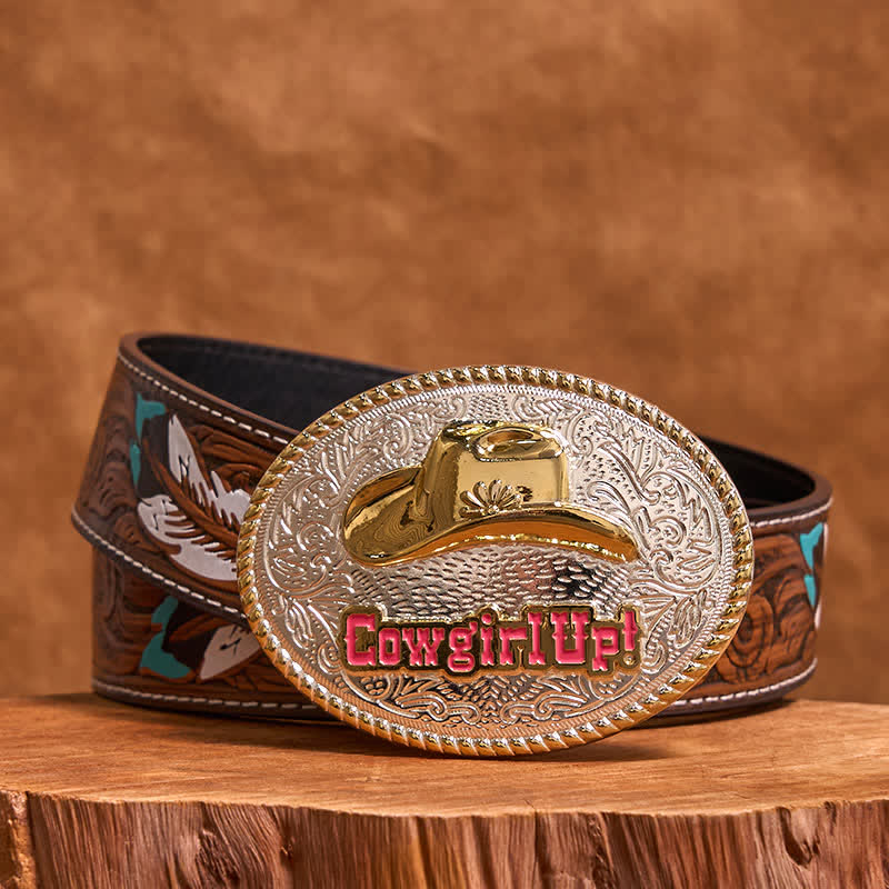 Cowgirl Up DIY Gold & Silver Western Hat Buckle Leather Belt