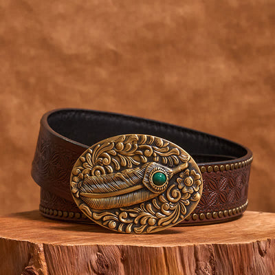 Brass DIY Carved Feather Stone Inlaid Buckle Leather Belt