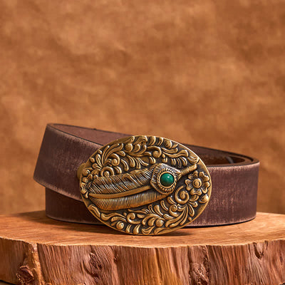 Brass DIY Carved Feather Stone Inlaid Buckle Leather Belt