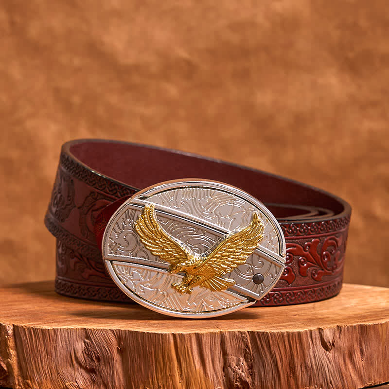 Men's DIY Gold & Silver Eagle Hidden Folding Knife Leather Belt