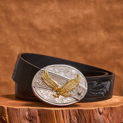 Men's DIY Gold & Silver Eagle Hidden Folding Knife Leather Belt