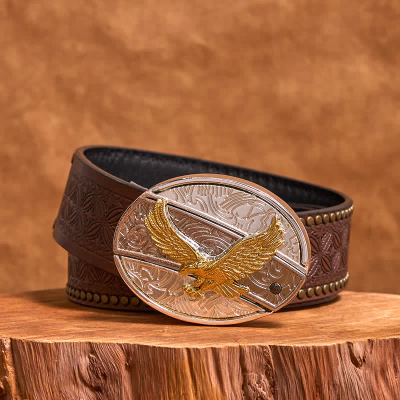 Men's DIY Gold & Silver Eagle Hidden Folding Knife Leather Belt