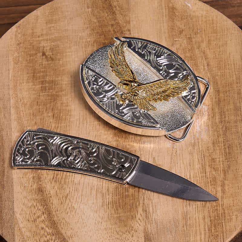 Men's DIY Gold & Silver Eagle Hidden Folding Knife Leather Belt