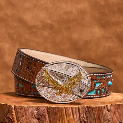 Men's DIY Gold & Silver Eagle Hidden Folding Knife Leather Belt