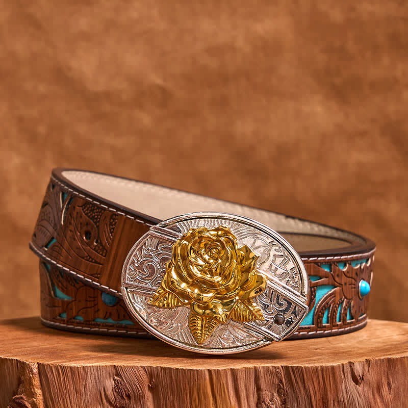 Men's DIY Gold & Silver Rose Hidden Folding Knife Leather Belt (Pre-Sale)