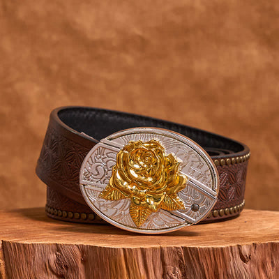 Men's DIY Gold & Silver Rose Hidden Folding Knife Leather Belt