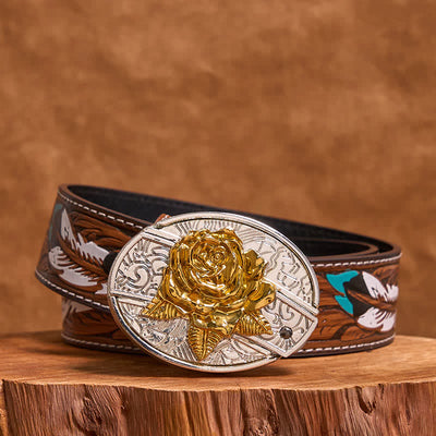 Men's DIY Gold & Silver Rose Hidden Folding Knife Leather Belt