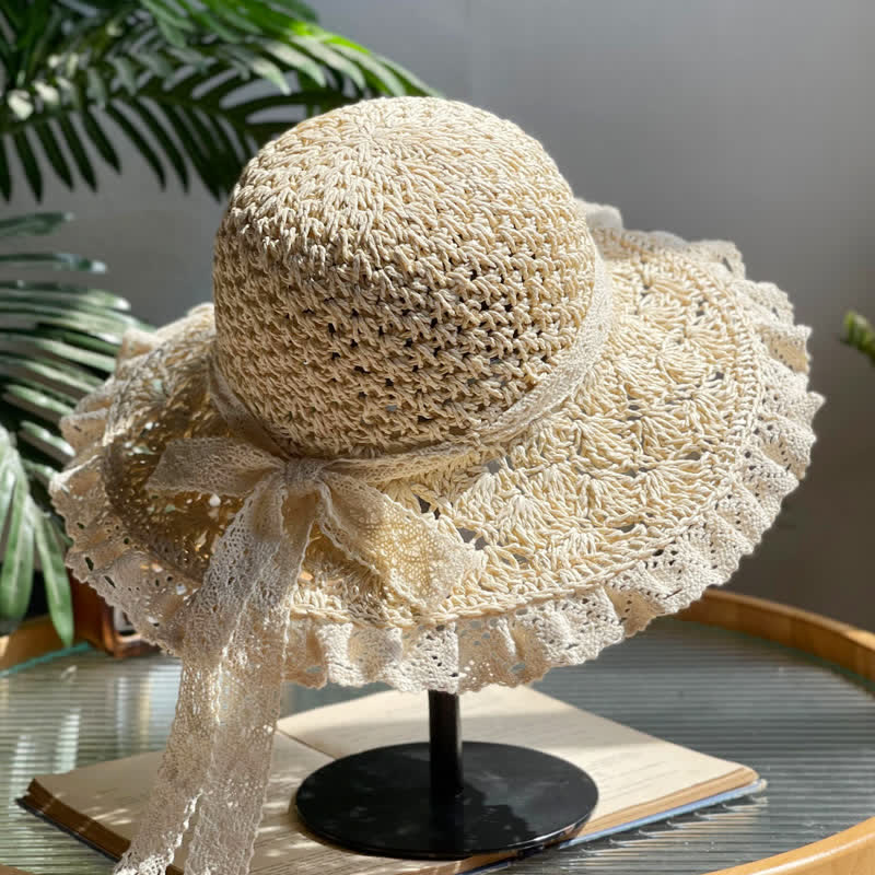 Women's Hollow Bow Lace Brim Summer Foldable Straw Hat